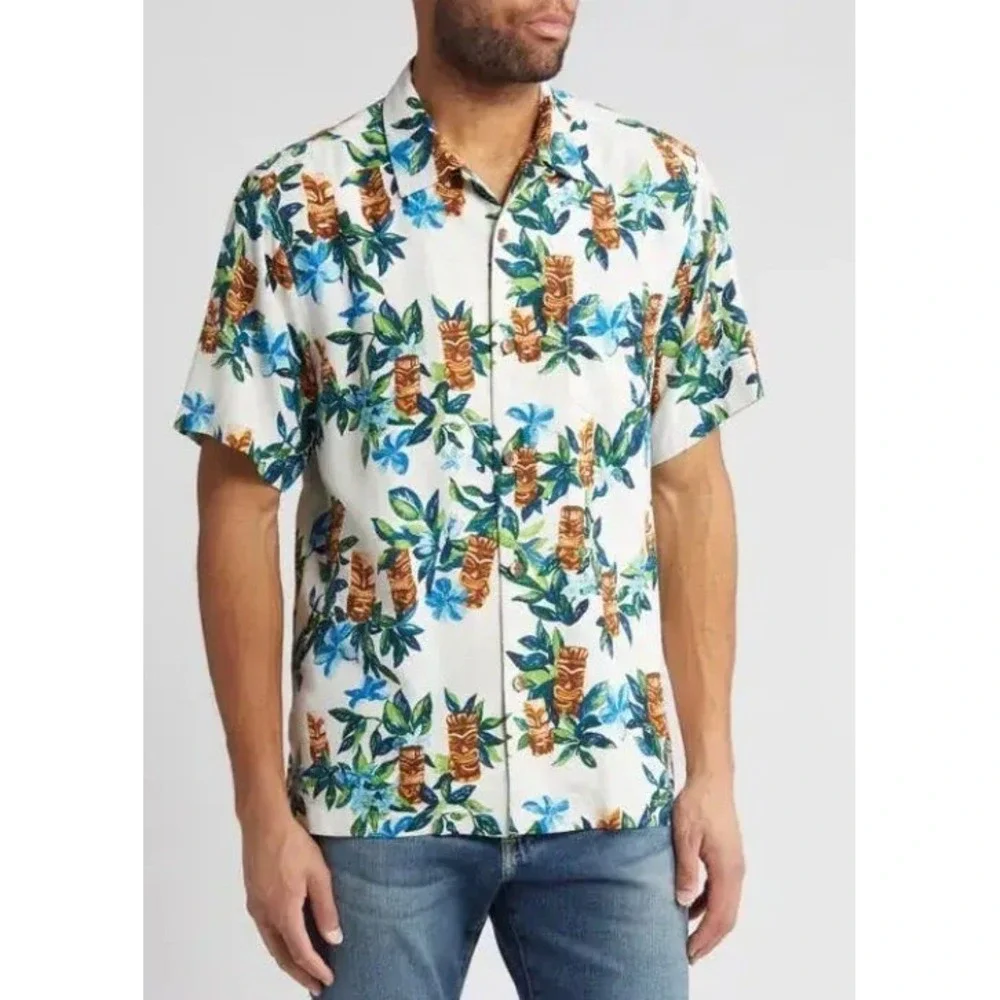 Tommy Tommy Bahama Men's Tiki Tumble Silk Camp Shirt Size XL Cream Multicolor